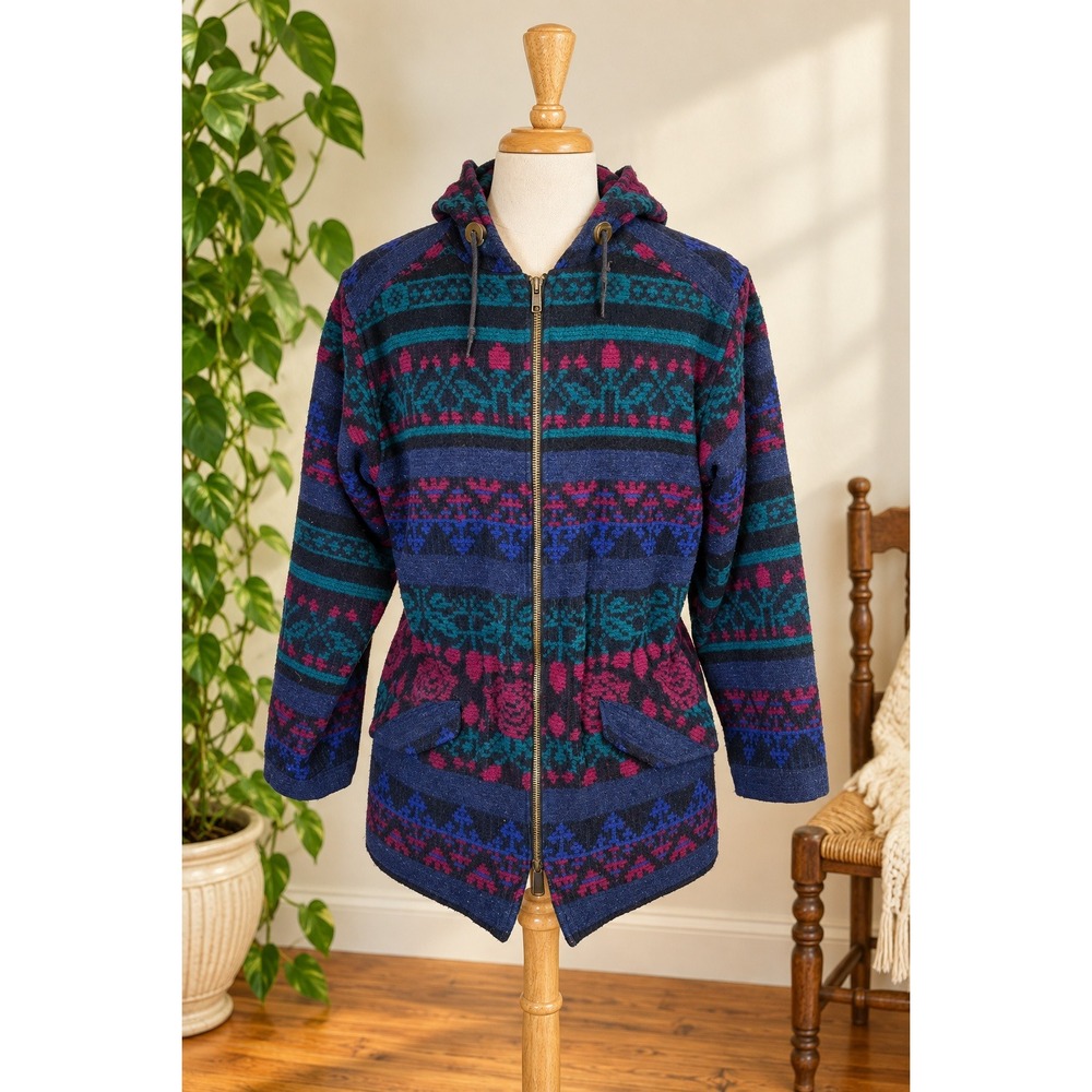 Vintage 90s Woolrich Wool Hooded Jacket M Floral Southwest Cinch Waist USA Made